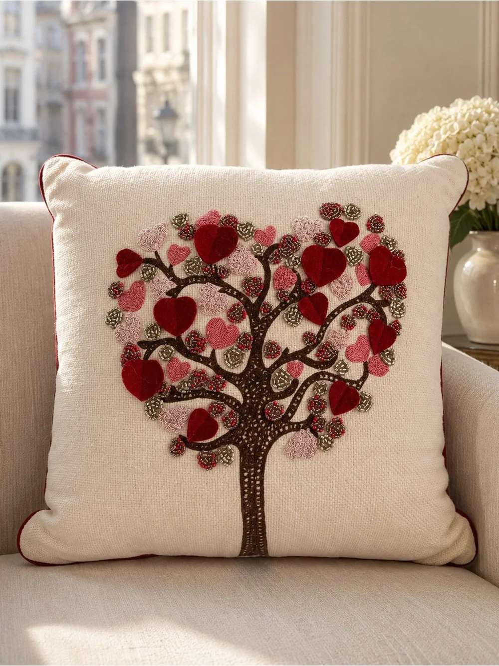 Vintage Pier 1 Heart Tree Pillow Beaded Embroidered Red Velvet Accent Pillow